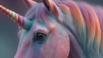 Colorful unicorn with iridescent mane standing against a soft background in a magical forest setting photo