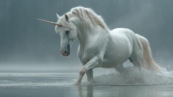 Majestic white unicorn gracefully splashing in tranquil water during a misty morning photo