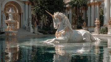 Majestic unicorn statue rests in tranquil water surrounded by opulent architecture and lush greenery during bright daylight photo