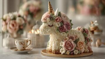 Unicorn cake adorned with floral decorations and a vintage teacup on a marble table at a festive celebration photo