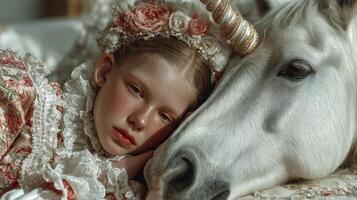 Young girl relaxes with a unicorn in a serene, whimsical setting adorned with floral decorations and pastel colors photo