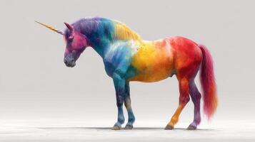 Colorful unicorn stands majestically in a neutral space, showcasing a vibrant rainbow coat with a flowing mane and tail photo