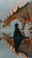 Woman in black gown stands before a giant dinosaur on a reflective surface surrounded by palm trees at dusk photo