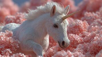 Majestic unicorn prancing through a field of blooming pink flowers in a dreamy landscape during daylight photo