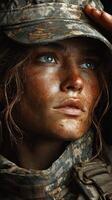Portrait of a soldier in tactical gear with a determined expression, setting the mood of resilience and strength during a mission photo