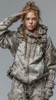 Young soldier salutes confidently in camouflage military attire during a studio portrait session photo