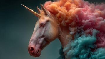 Majestic unicorn surrounded by colorful smoke in a surreal fantasy landscape at twilight photo