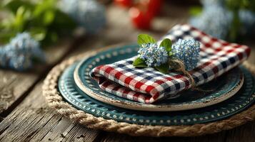 Table setting with checkered napkin and floral accents in a rustic outdoor location for a summer gathering photo
