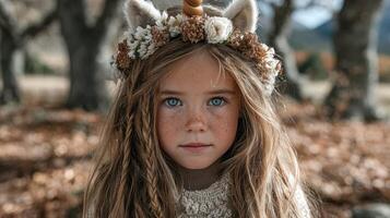 Young girl with unicorn headband and flower crown poses in an autumn forest setting during daylight hours photo