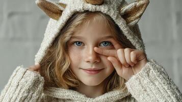 Young child wearing a cozy unicorn hoodie playfully making a gesture in a bright indoor setting photo