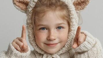 Young child in cozy animal-themed sweater smiles while pointing at the camera in a bright indoor setting photo