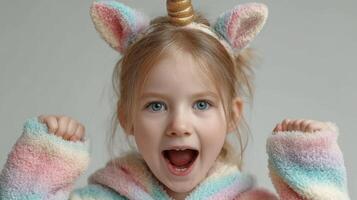 Excited child wearing a unicorn costume celebrates at home with joy and enthusiasm photo