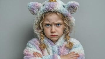 Child dressed in a colorful unicorn outfit is showing a serious expression while crossing her arms against a neutral background photo