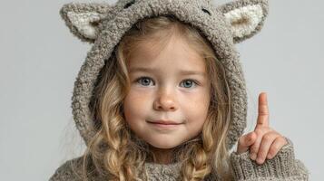 Little girl wearing a cozy animal hoodie smiles while playfully raising one finger in a neutral setting photo