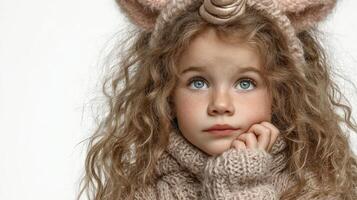 Curious child with curly hair wearing a cozy sweater and animal-themed headband during a quiet indoor moment photo
