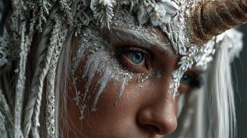 Fantasy character inspired by unicorn mythology with intricate makeup and detailed costume in a mystical setting photo