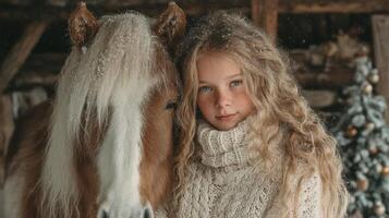 Young girl with long curly hair and horse in cozy winter setting with snow-covered trees in the background photo