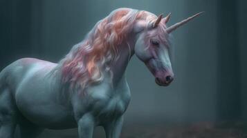 Majestic unicorn stands gracefully in a mystical forest during twilight photo