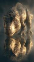 Dinosaur model in a misty environment reflecting on a surface during twilight hours photo