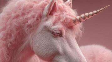 Dreamy pink unicorn with fluffy fur and sparkling horn in a whimsical pastel background photo