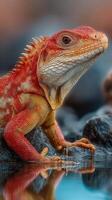 Colorful lizard basking on a rock near water during sunset in a natural setting photo
