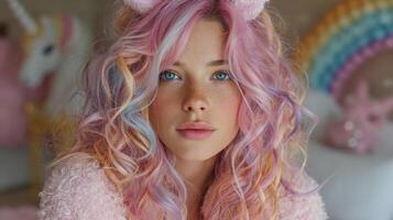 Young woman with fashionable pink hair posing in a whimsical room adorned with pastel colors and playful decor photo