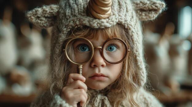 Child in unicorn costume holds magnifying glass and gazes curiously at the camera in a cozy, whimsical setting filled with soft toys photo