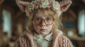 Child with glasses and floral crown wears knitted sweater in cozy indoor setting surrounded by warm wooden tones photo