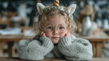 Child with unicorn ears and glasses poses thoughtfully in a cozy indoor setting during daylight photo