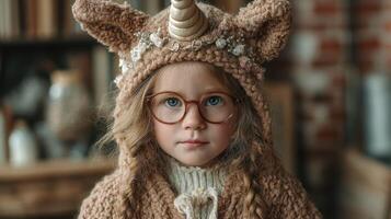 Young child in a cozy unicorn-themed sweater during a cozy indoor setting with books and warm lighting photo