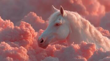 Majestic white horse standing in a dreamy landscape of pink clouds during sunset photo