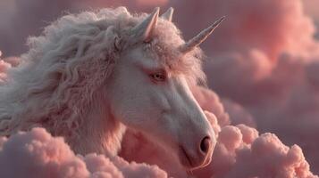 Majestic unicorn emerging from soft pink clouds at sunset in a whimsical fantasy landscape photo
