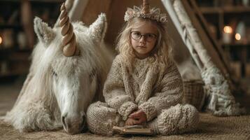 Child with unicorn in cozy indoor setting during a whimsical storytelling session photo