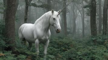 Majestic white unicorn standing amidst dense ferns in a misty forest during early morning light photo