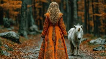 Enchanting woman in orange gown stands in autumn forest with white unicorn during mysterious twilight hour photo