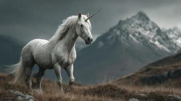 Majestic unicorn trots through mountainous landscape under overcast skies in serene setting photo