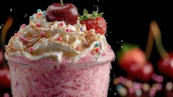 Delicious pink dessert topped with whipped cream, cherries, and strawberries in a glass photo