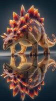 Detailed representation of a stegosaurus dinosaur model showcasing intricate textures and vibrant colors in a dynamic pose photo