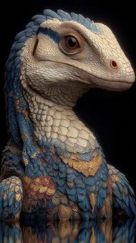 Detailed reptilian creature with vibrant blue and tan scales in a dark background setting photo