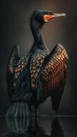 Cormorant displaying feathers against a dramatic backdrop with reflections in the water at dusk photo