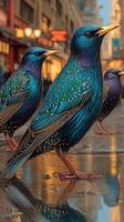 Vibrant starlings gather on a city street during late afternoon in an urban landscape photo