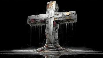 Abstract wooden cross sculpture with a weathered appearance and dripping elements, set against a black background photo