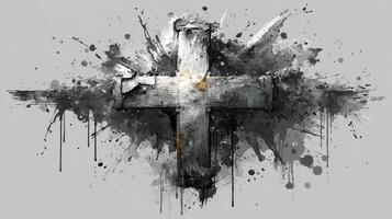 Artistic representation of a weathered cross surrounded by abstract paint splashes and textures photo