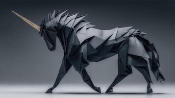 Unique black origami unicorn stands majestically against a dark background highlighting intricate folds and design details photo