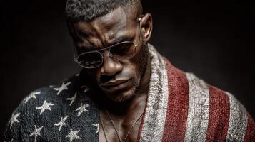 Muscular man with sunglasses wrapped in American flag poses dramatically in a dimly lit studio photo