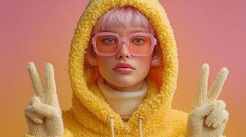 Person wearing a yellow hoodie and pink glasses poses with peace signs against a colorful background in a modern artistic setting photo