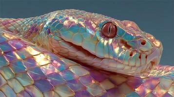 Colorful iridescent snake resting against a gray background in a tranquil environment photo