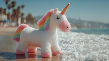 Plush unicorn enjoys a sunny day at the beach with gentle waves in the background and palm trees swaying photo