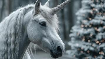 Majestic silver unicorn gazing serenely in a snowy forest during winter festivities photo