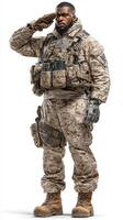 Military personnel in desert camouflage saluting with a proud demeanor during a training exercise in an arid environment photo